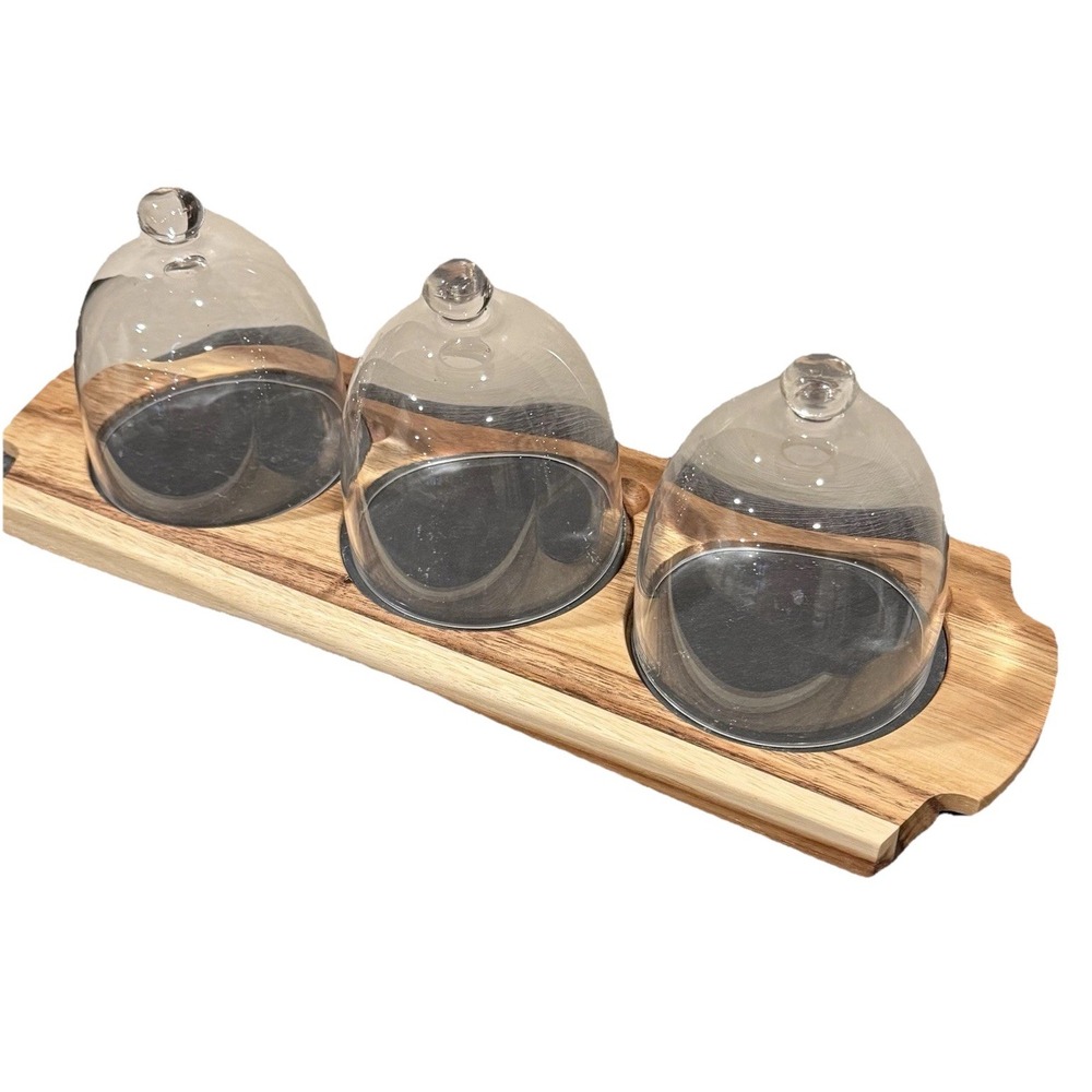 NEW in Box Artesa Appetizer Serving Set Wood Tray 3 Glass Domes & Slate Inserts